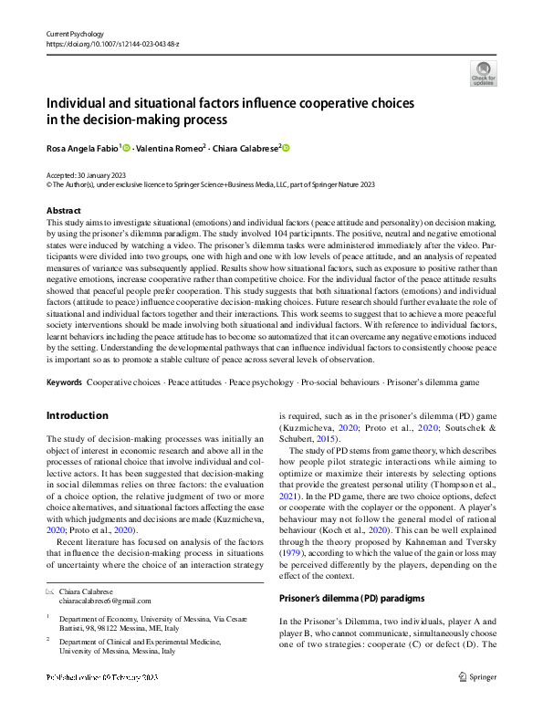 (PDF) Individual and situational factors influence cooperative choices ...