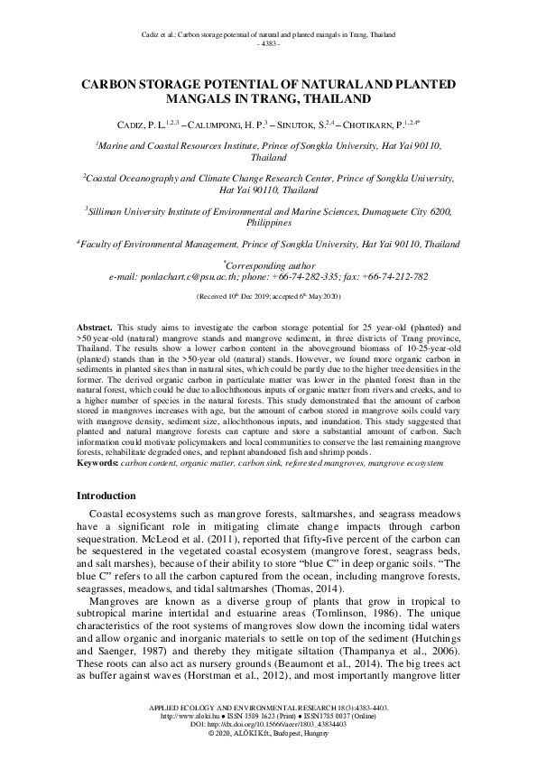 (PDF) Carbon Storage Potential of Natural and Planted Mangals in Trang ...