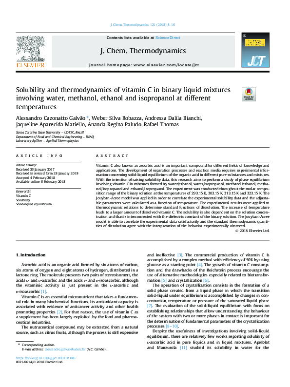 (PDF) Solubility and thermodynamics of vitamin C in binary liquid