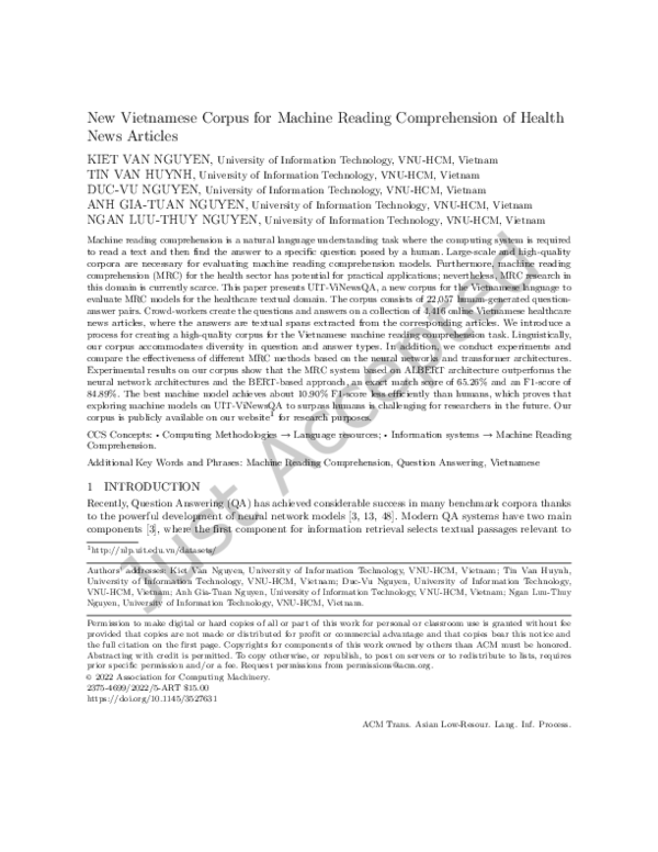 (PDF) New Vietnamese Corpus for Machine Reading Comprehension of Health ...