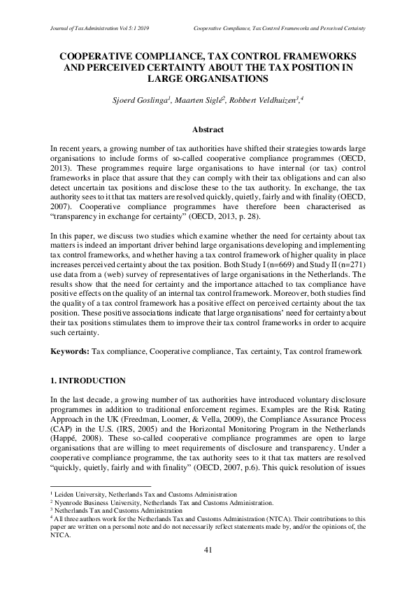 (PDF) Cooperative Compliance, Tax Control Frameworks and Perceived ...