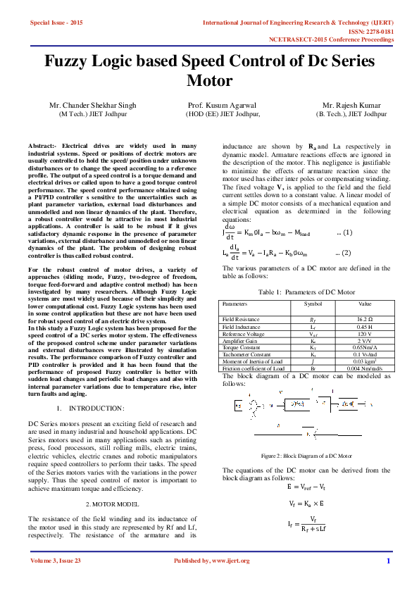 (PDF) Fuzzy Logic based Speed Control of Dc Series Motor