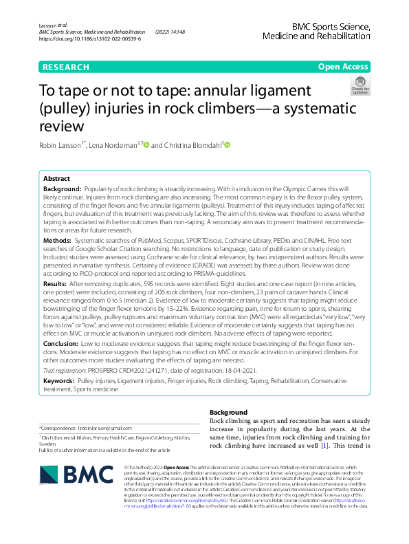 (PDF) To tape or not to tape annular ligament (pulley) injuries in rock climbers—a systematic
