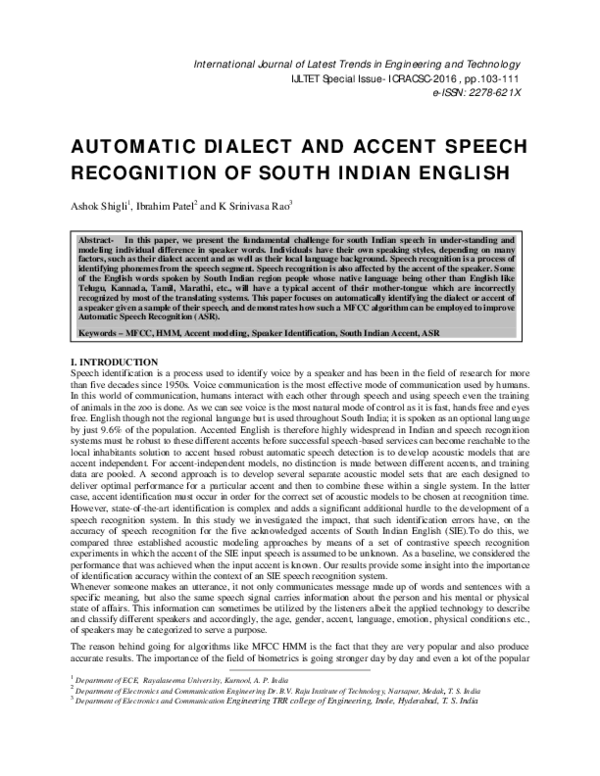 (PDF) Automatic Dialect and Accent Speech Recognition of South Indian ...