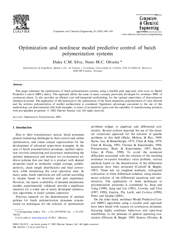 (PDF) Optimization and nonlinear Model Predictive Control of batch ...