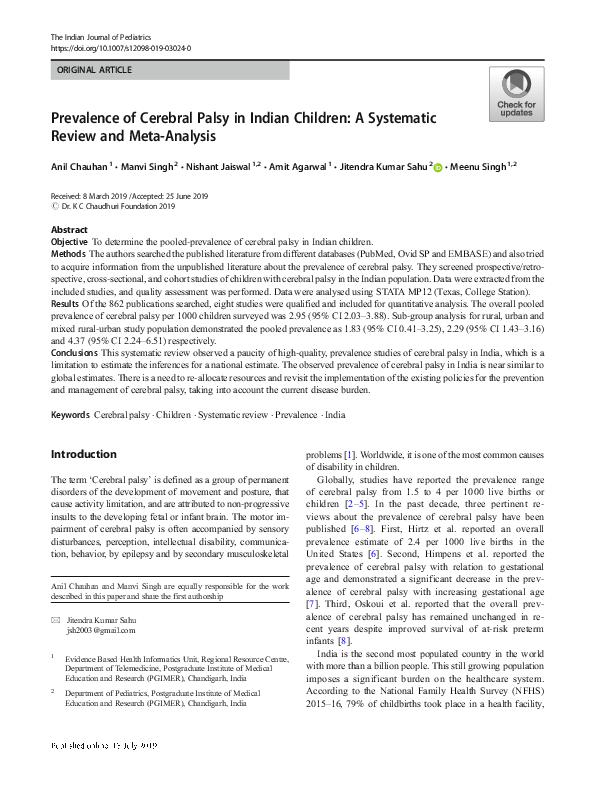 (PDF) Prevalence of Cerebral Palsy in Indian Children A Systematic