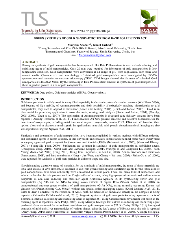 (PDF) Green Synthesis of Gold Nanoparticles from Date Pollen Extract
