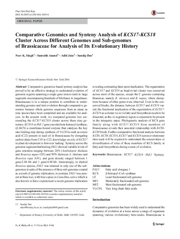 (PDF) Comparative Genomics and Synteny Analysis of KCS17-KCS18 Cluster ...