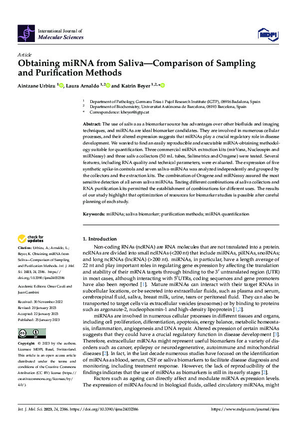 (PDF) Obtaining miRNA from Saliva—Comparison of Sampling and ...