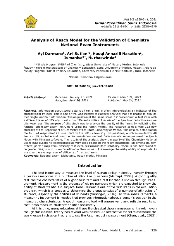(PDF) Analysis of Rasch Model for the Validation of Chemistry National ...
