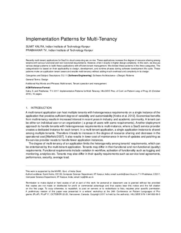 (PDF) Implementation Patterns for Multi-Tenancy