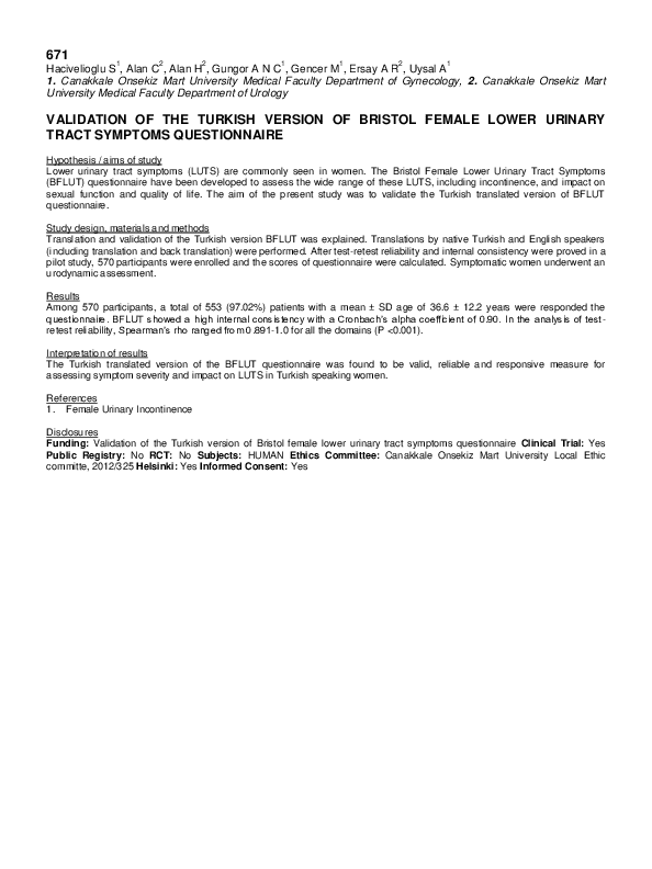 (PDF) Validation of the Turkish version of Bristol female lower urinary