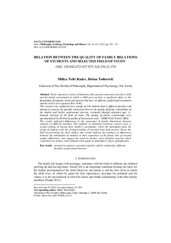 (PDF) Relation Between the Quality of Family Relations of Students and ...