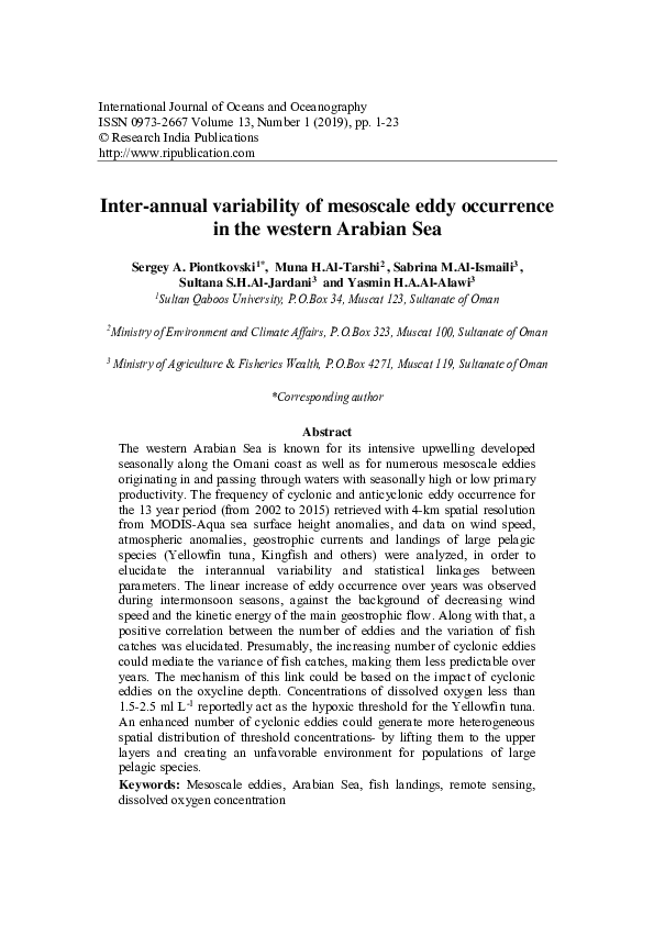 (PDF) Inter-annual variability of mesoscale eddy occurrence in the ...