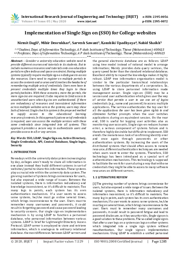 (PDF) Implementation of Single Sign on (SSO) for College websites