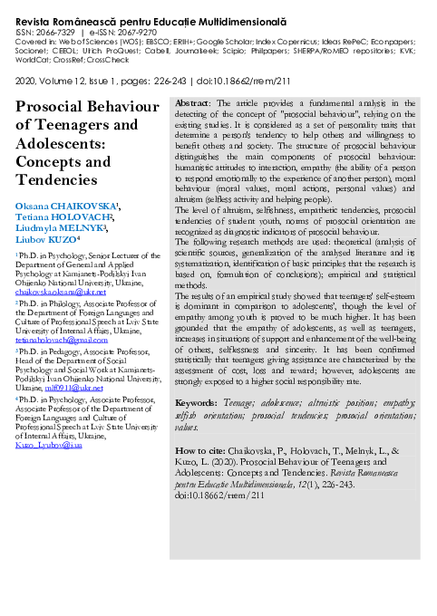 (PDF) Prosocial Behaviour of Teenagers and Adolescents: Concepts and ...