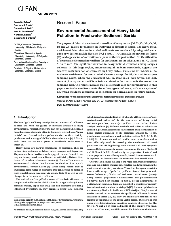 (PDF) Environmental Assessment of Heavy Metal Pollution in Freshwater ...