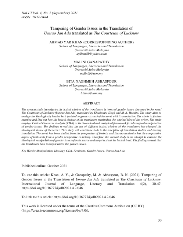 (PDF) Tampering of Gender Issues in the Translation of Umrao Jan Ada ...