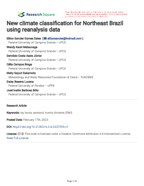 (PDF) New climate classification for Northeast Brazil using reanalysis data