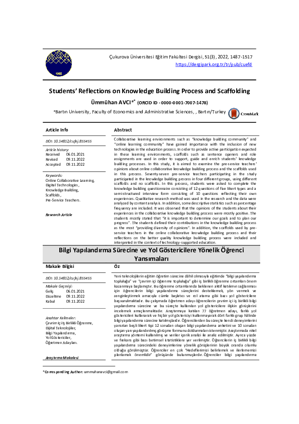 (PDF) Students’ Reflections on Knowledge Building Process and Scaffolding