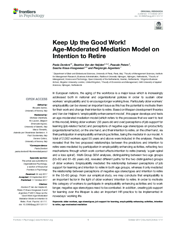 (PDF) Keep Up the Good Work! AgeModerated Mediation Model on Intention
