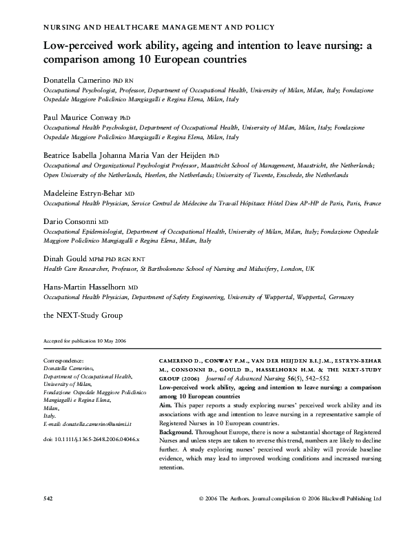 (PDF) Lowperceived work ability, ageing and intention to leave nursing