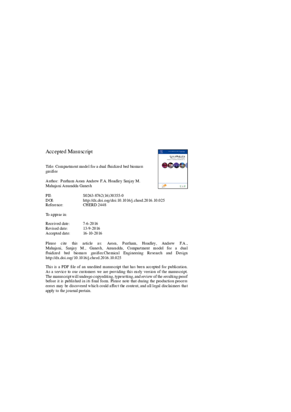 (PDF) Compartment model for a dual fluidized bed biomass gasifier