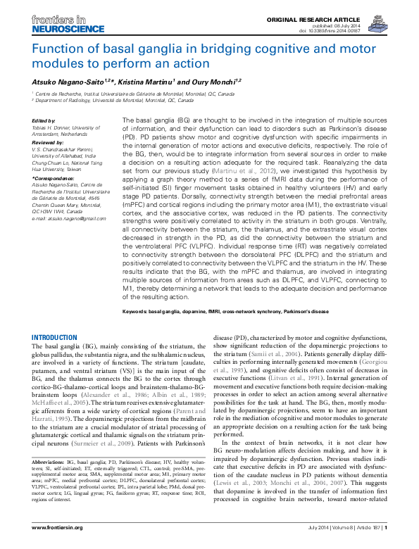 (PDF) Function of basal ganglia in bridging cognitive and motor modules ...