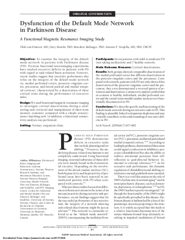 (PDF) Dysfunction of the Default Mode Network in Parkinson Disease