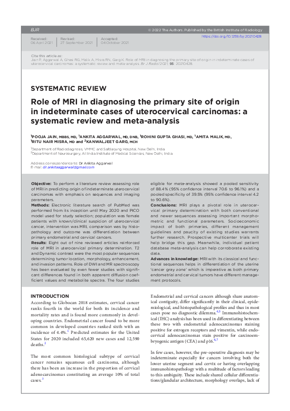 (PDF) Role of MRI in diagnosing the primary site of origin in ...