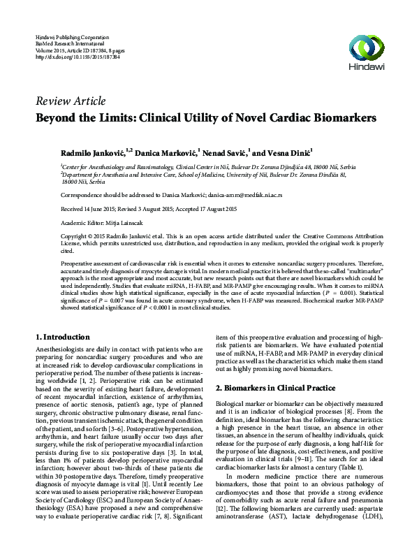 (PDF) Beyond the Limits: Clinical Utility of Novel Cardiac Biomarkers