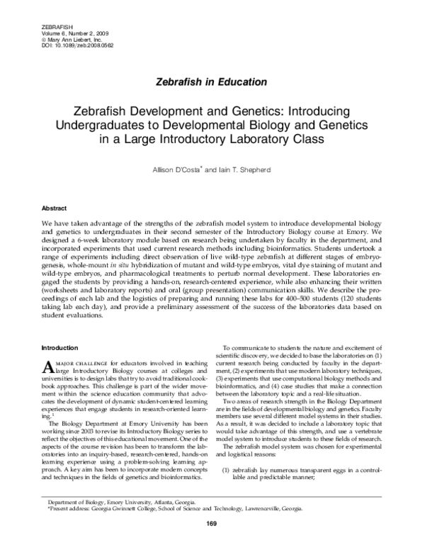 (PDF) Zebrafish Development and Genetics: Introducing Undergraduates to ...