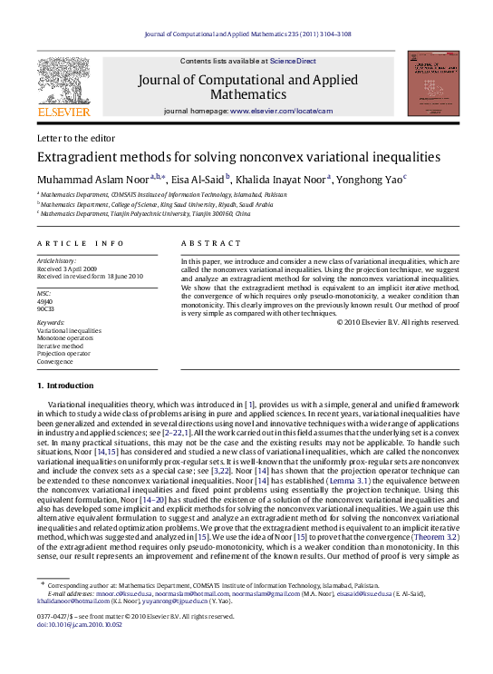 (PDF) Extragradient methods for solving nonconvex variational inequalities