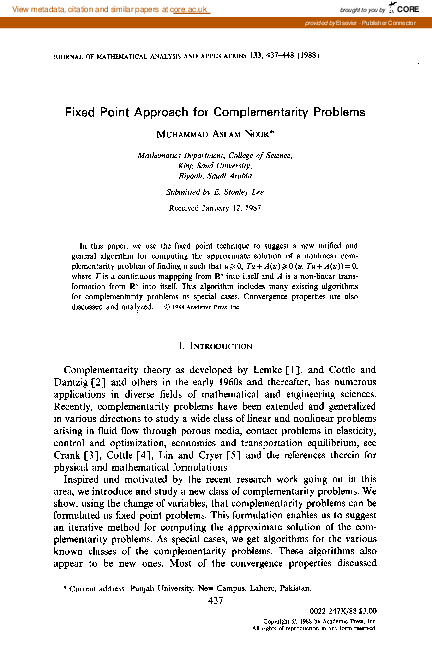(PDF) Fixed point approach for complementarity problems