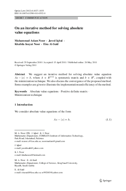 (PDF) On an iterative method for solving absolute value equations