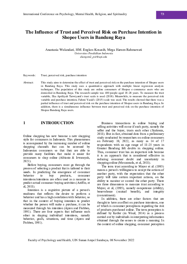 (PDF) The Influence of Trust and Perceived Risk on Purchase Intention ...