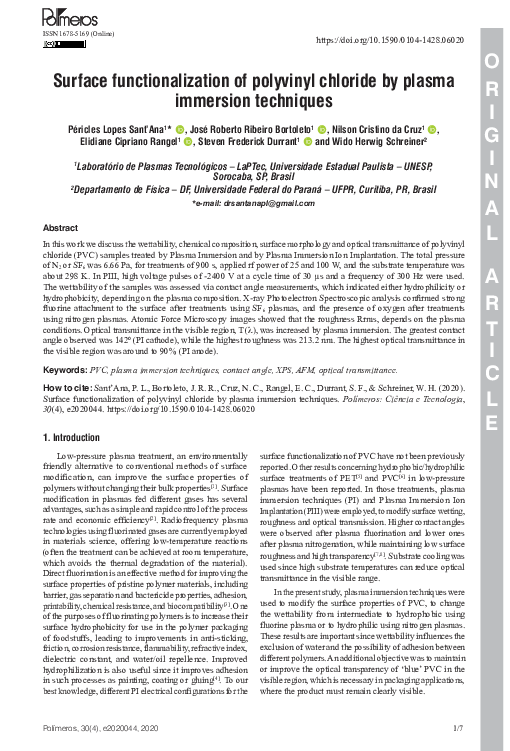 (PDF) Surface functionalization of polyvinyl chloride by plasma ...
