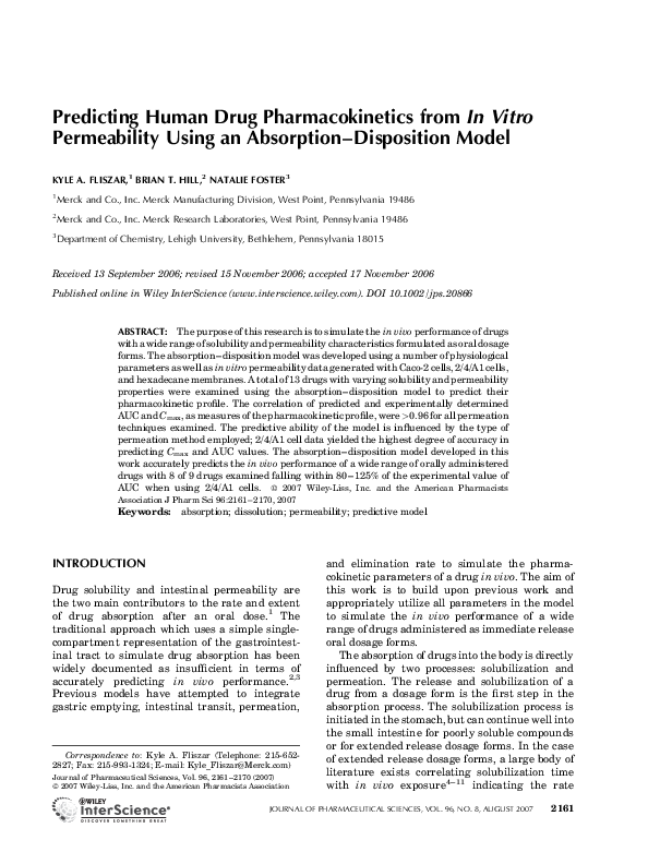 (PDF) Predicting human drug pharmacokinetics fromin vitro permeability ...