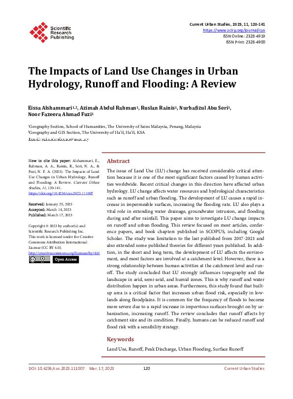 Pdf The Impacts Of Land Use Changes In Urban Hydrology Runoff And