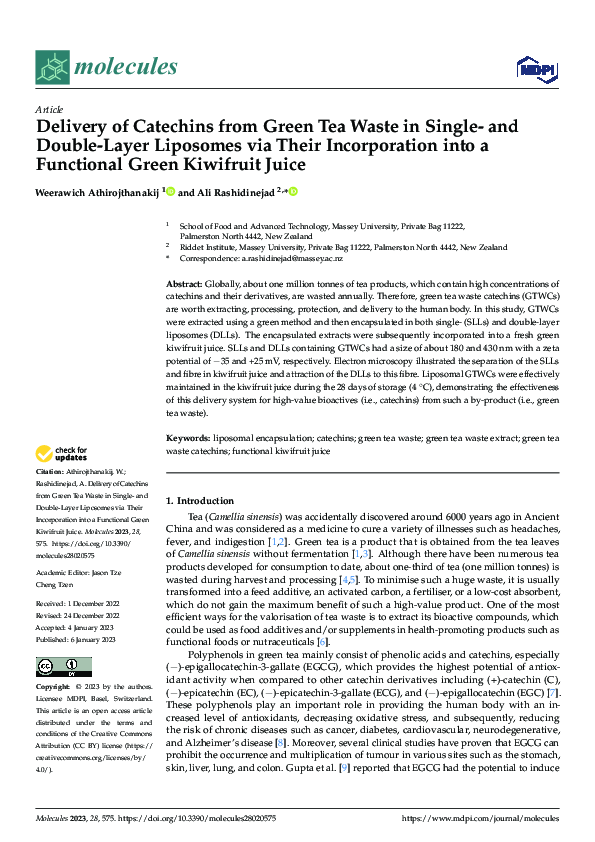 (PDF) Delivery of Catechins from Green Tea Waste in Single- and Double ...