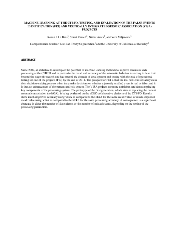 (PDF) Machine Learning at the CTBTO. Testing, and evaluation of the ...