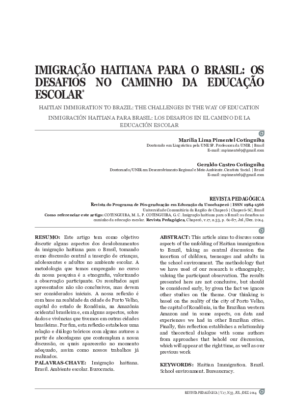 (PDF) Imigração haitiana para o Brasil os desafios no caminho da educação escolar Geraldo (PDF) Imigração haitiana para o Brasil os desafios no caminho da educação escolar Geraldo