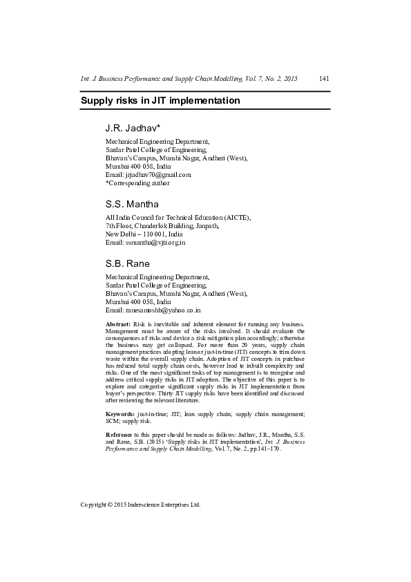(PDF) Supply risks in JIT implementation