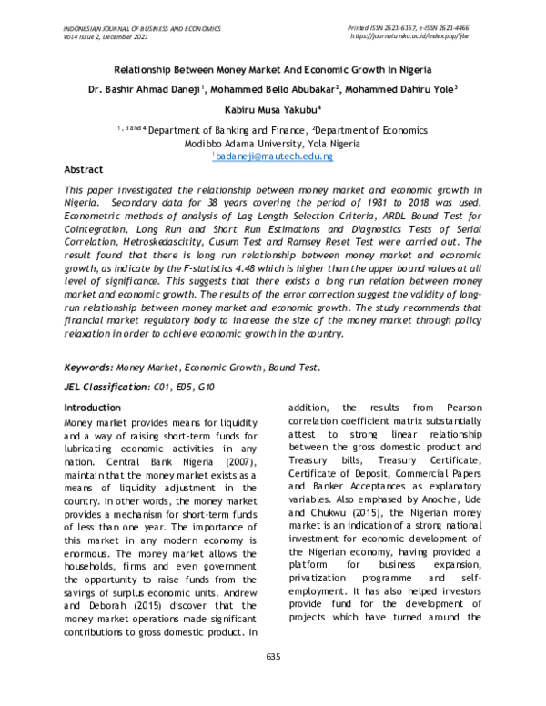 (PDF) Relationship Between Money Market And Economic Growth In Nigeria