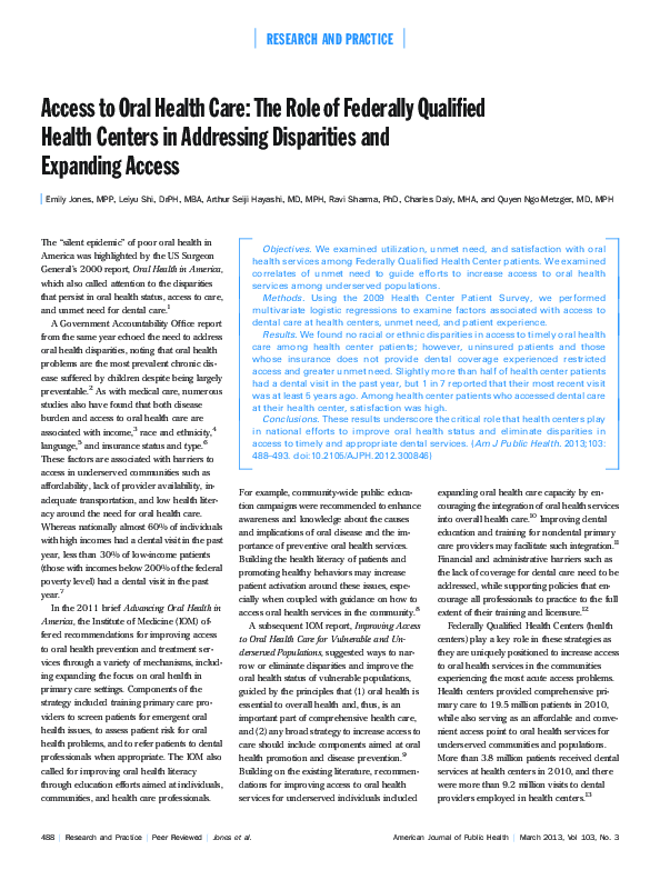 (PDF) Access to Oral Health Care: The Role of Federally Qualified ...