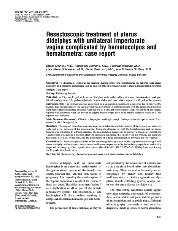 (PDF) Resectoscopic treatment of uterus didelphys with unilateral ...