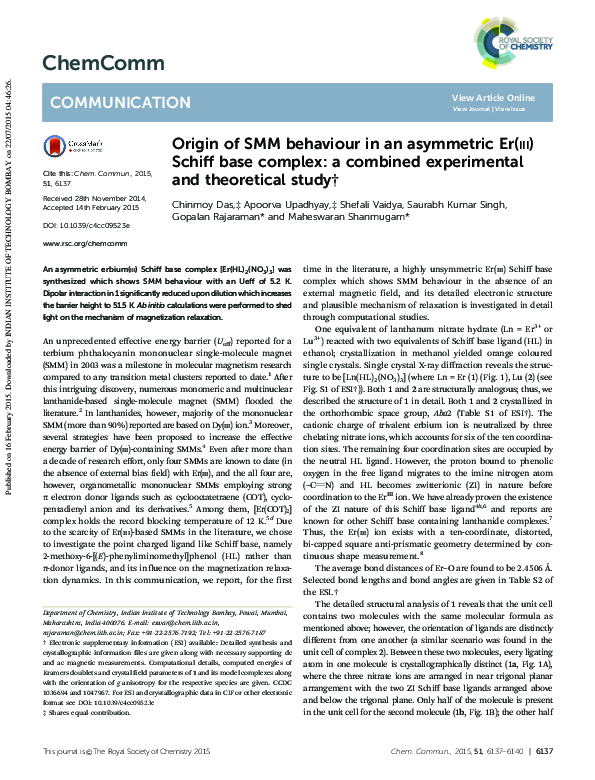 (PDF) Origin of SMM behaviour in an asymmetric Er(iii) Schiff base ...