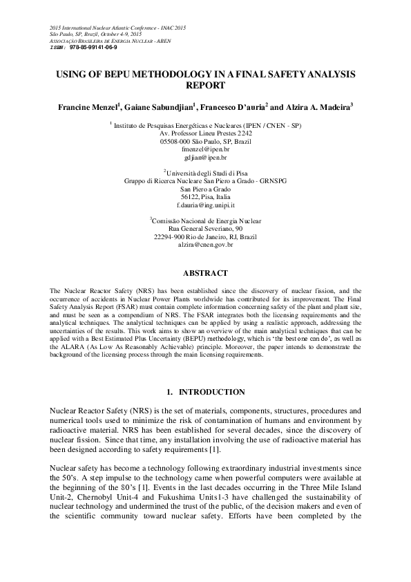 (PDF) Using of BEPU methodology in a Final Safety Analysis Report