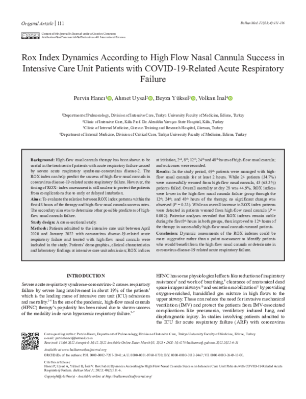 (PDF) Rox Index Dynamics According to High Flow Nasal Cannula Success ...