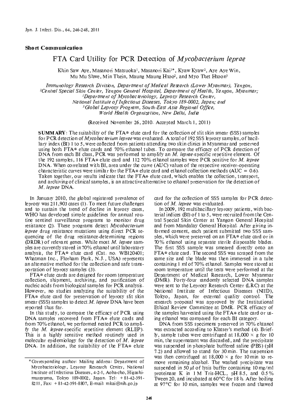 (PDF) FTA Card Utility for PCR Detection of Mycobacterium leprae